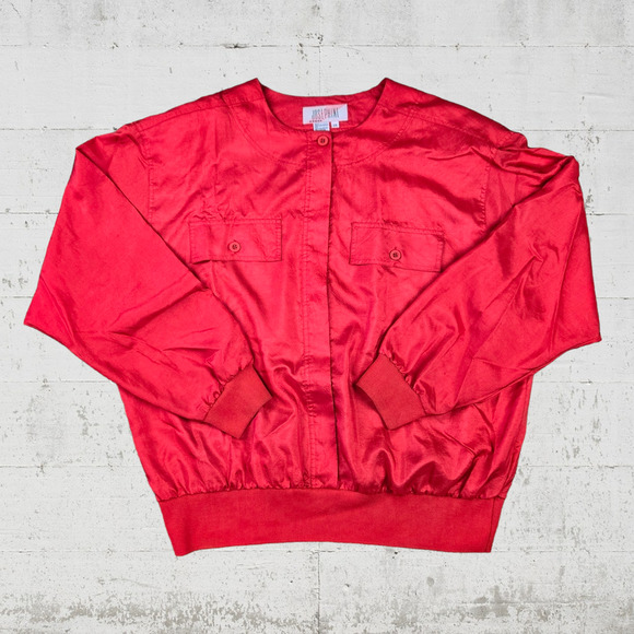 80s Vintage Bright Cherry Red Hidden Button Crewneck Bomber Jacket Size 2X - Picture 8 of 8